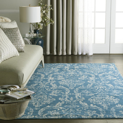 2' X 4' Blue Damask Power Loom Area Rug